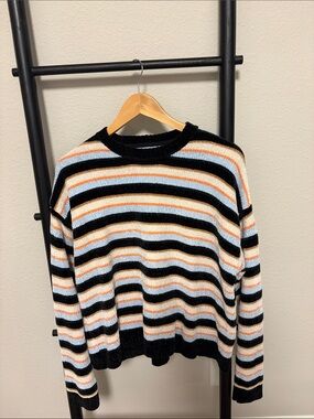 Volcom Striped Crewneck Sweater - Black, Light Blue & Orange Small